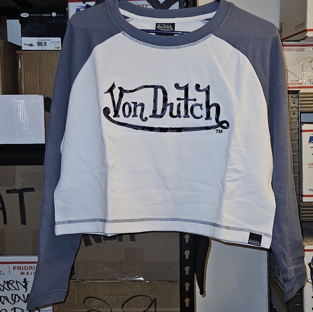 NWT Von Dutch Dirty Blue Crop Crewneck Sweater
